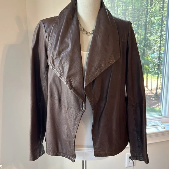 Eileen Fisher Vintage Open Brown Leather Jacket, Size Small, EUC - Picture 2 of 9